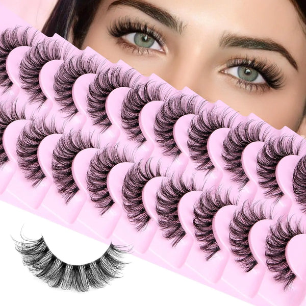 10 Pairs Natural Eyelashes Fluffy Lashes D Curl Eyelashes 3D Volume Wispy False Lashes Strips Clear Band Lashes Pack