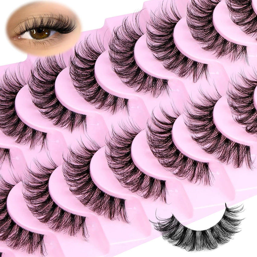 10 Pairs Natural Fluffy False Eyelashes Wispy Lashes 3D Volume Strip Lashes D Curl Fake Eyelashes with Clear Band Eye Lashes