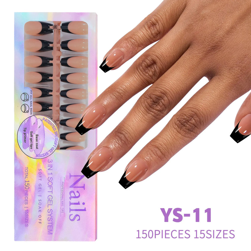 150pcs/Boxed French Gel Tips Press On Nails Black Coffee Almond Nails 15 Sizes Pre-applied Fake Nails For Manicure Extension