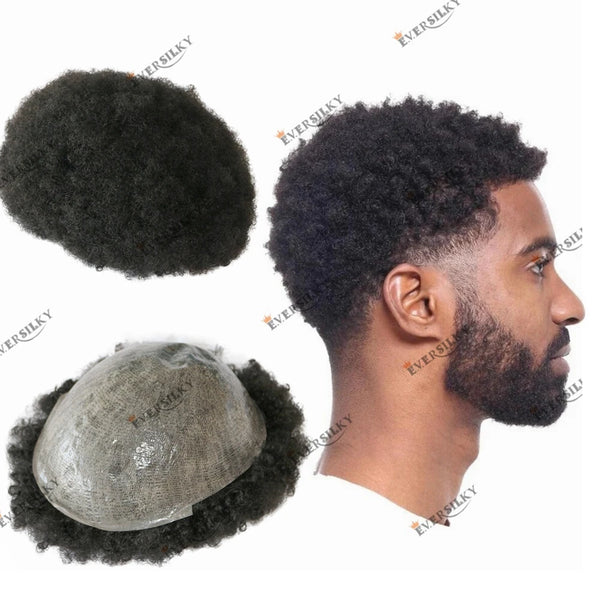 #1B #1 6mm Afro Men's Wig 100% Human Hair Toupee for Men Indian Remy Hair Men's Skin Prosthesis Capillary System