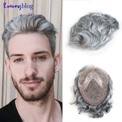 #1B80 Toupee for Men Fine Mono Wave Male Wigs Human Hair Replacement System Men's Prosthesis 8x10 Grey Hairpiece Units