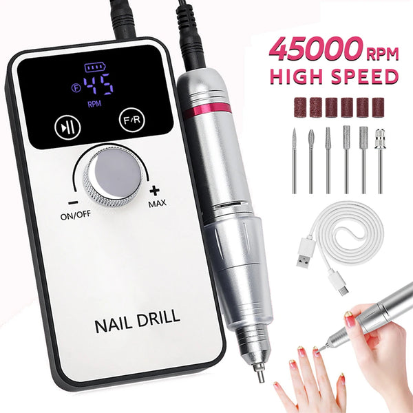 45000RPM Nail Drill Machine Portable Nail Polish Gel Sander Electric Professional Nail Lathe with HD LCD Display Manicure Care