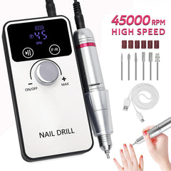 45000RPM Nail Drill Machine Portable Nail Polish Gel Sander Electric Professional Nail Lathe with HD LCD Display Manicure Care