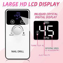 45000RPM Nail Drill Machine Portable Nail Polish Gel Sander Electric Professional Nail Lathe with HD LCD Display Manicure Care