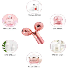 5-in-1 24K Gold Beauty Wand Face Massager Electric Vibrating Rose Quartz 3D Roller Face Lifting Body Facial Gua Sha Jade Roller