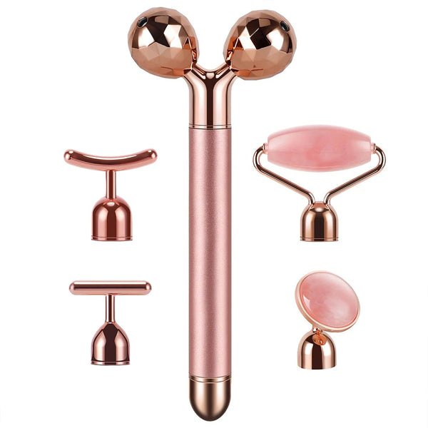 5-in-1 24K Gold Beauty Wand Face Massager Electric Vibrating Rose Quartz 3D Roller Face Lifting Body Facial Gua Sha Jade Roller