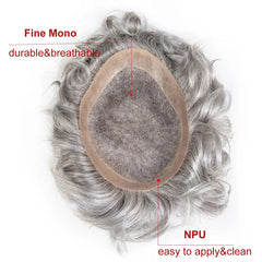 #580 Human Hair Toupee for Men Sliver Grey Mens Hairpiece Fine Mono with NPU Hair Replacement System Wave Male Wig Patch 8x10"