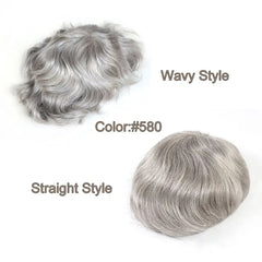 #580 Human Hair Toupee for Men Sliver Grey Mens Hairpiece Fine Mono with NPU Hair Replacement System Wave Male Wig Patch 8x10"