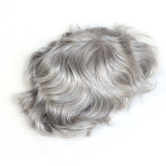 #580 Human Hair Toupee for Men Sliver Grey Mens Hairpiece Fine Mono with NPU Hair Replacement System Wave Male Wig Patch 8x10"