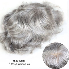 #580 Human Hair Toupee for Men Sliver Grey Mens Hairpiece Fine Mono with NPU Hair Replacement System Wave Male Wig Patch 8x10"