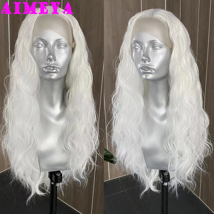 AIMEYA White Loose Curly Wig Synthetic Lace Front Wig Natural Hairline Daily Use Cosplay Wig Heat Resistant Fiber Hair