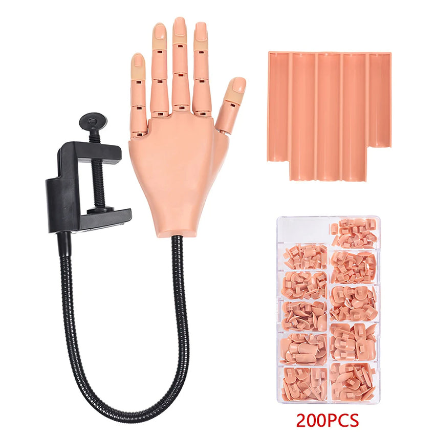 Adjustable Manicure Practice Hand Training Model Reusable Hand Model Bendable Finger With 200pcs Nail Tips For Beginner Practice