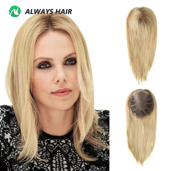 Alwayshair TP18 14&quot; Mono top Wig Topper for Women Straight Human Hair Women Toupee Clip in Toppers 120% Density Hair Pieces Hot