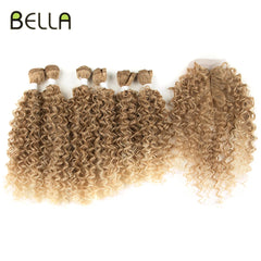 Bella Afro Kinky Curly Synthetic Hair 6 Bundles With 1Closure 7pcs/Lot Ombre Color 16-20 inch Kinky Curly Bundles Hair Extension