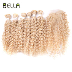 Bella Afro Kinky Curly Synthetic Hair 6 Bundles With 1Closure 7pcs/Lot Ombre Color 16-20 inch Kinky Curly Bundles Hair Extension