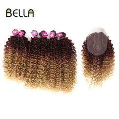 Bella Afro Kinky Curly Synthetic Hair 6 Bundles With 1Closure 7pcs/Lot Ombre Color 16-20 inch Kinky Curly Bundles Hair Extension