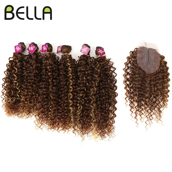 Bella Afro Kinky Curly Synthetic Hair 6 Bundles With 1Closure 7pcs/Lot Ombre Color 16-20 inch Kinky Curly Bundles Hair Extension