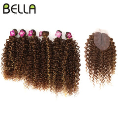 Bella Afro Kinky Curly Synthetic Hair 6 Bundles With 1Closure 7pcs/Lot Ombre Color 16-20 inch Kinky Curly Bundles Hair Extension