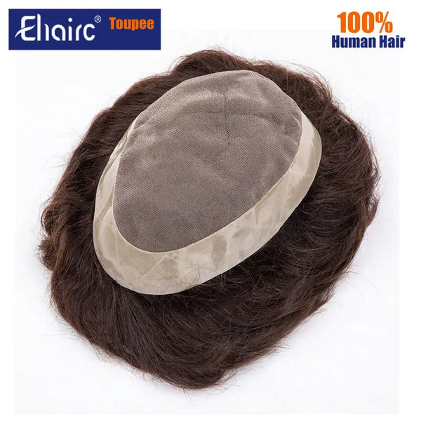 Brown Color  Mono &amp; Pu Male Hair Prosthesis Breathable Natural Hairline Human Hair Toupee Man Wig Exhuast Systems Free Shipping