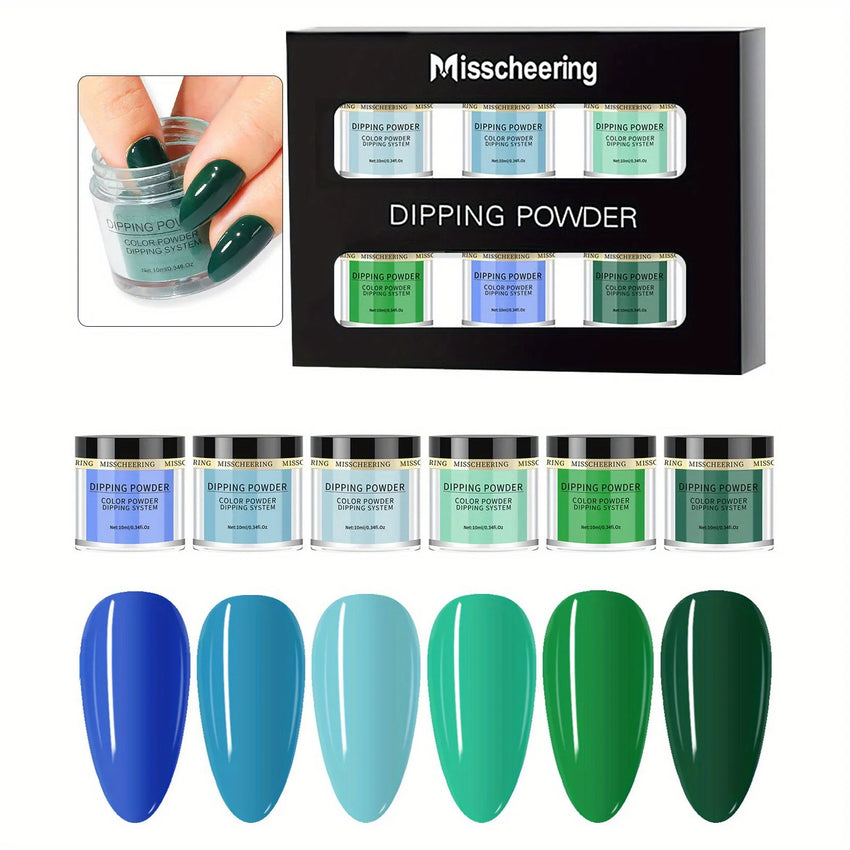 Dipping Powder Nail Kit 6 Pcs Summer Green Blue Colors Dip Powder Nail Art Kit French Nail Manicure Nail Art Kit for Home Salon