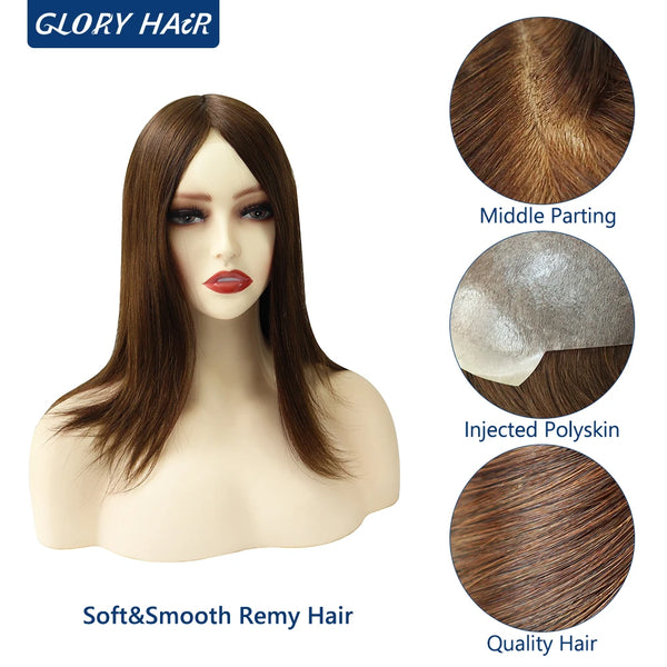 GLORYHAIR - TP22INJ Chinese Remy Human Hair Topper Straight Hairpieces for Women Injected Poly Skin Women Toupee