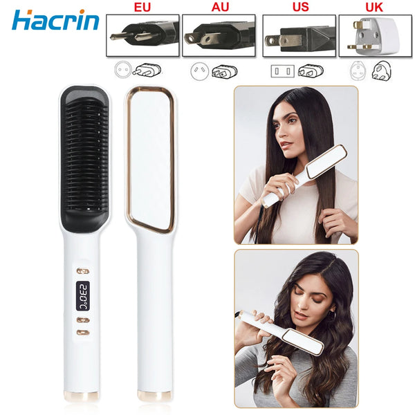 Hair Straightener Brush 3 in 1 Heating Comb Straightener Electric Hair Straightening and Curly Iron Brush Comb Curler for Women