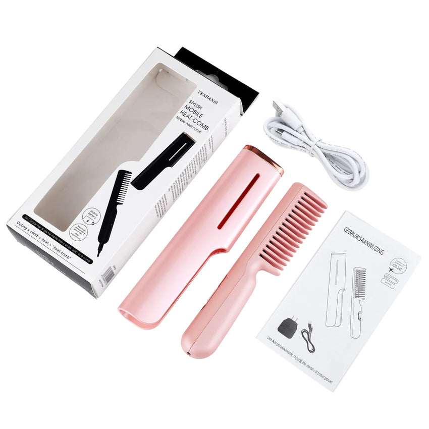 Hair Straightener Comb 2-in-1 Portable Straightening and Curling Dual-use Mini Hairdressing Comb Hair Fluffy Hair Local Repair