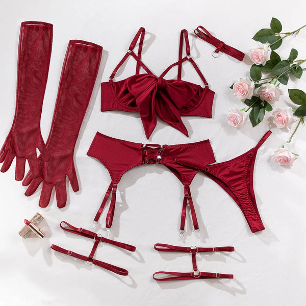 Bowknot Lingerie Open Bra Silk Underwear WIthaca Gloves Bilizna Set Sensual Intimate Garter Thongs Sexy Erotic Outfits