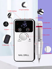 New 45000RPM Professional Electric Nail Drill Machine Rechargeable Nail File Nails Accessories Gel Nail Polish Sander Low Noise