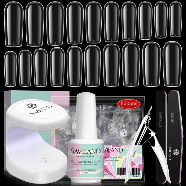 500pcs Gel X Nail Kit For Extension Nail Tips Full Cover Press On Nails Sculpted Almond Coffin with UV LED Nail Lamp