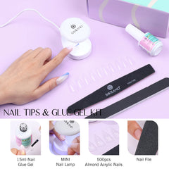 500pcs Gel X Nail Kit For Extension Nail Tips Full Cover Press On Nails Sculpted Almond Coffin with UV LED Nail Lamp