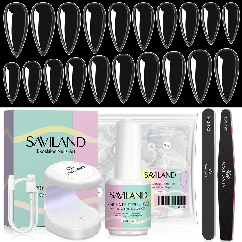 500pcs Gel X Nail Kit For Extension Nail Tips Full Cover Press On Nails Sculpted Almond Coffin with UV LED Nail Lamp