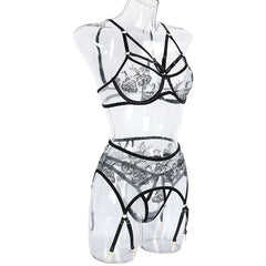 3-Piece Transparent Lace Bra Set Women Bandage Sheer Sexy Lingerie Set Ladies Flroal Black Bra Underwear Set