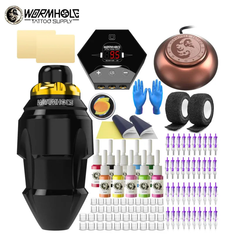 Wireless Tattoo Kit Complete Mini Rocket Machine Battery Cartridge Needles Power Supply Inks Rotary Tattoo Pen Set