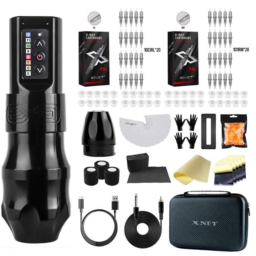 XNET EXO Wireless Tattoo Machine Kit with Extra 2100mAh Power Supply 40 Mixed Tattoo Cartridges for Tattoo Artists