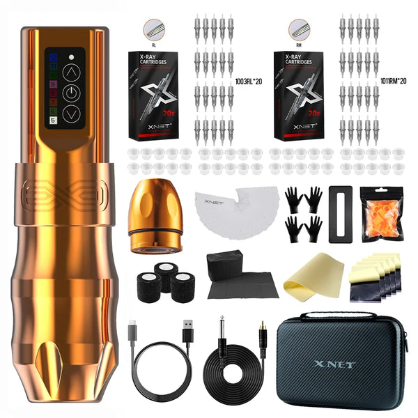 XNET EXO Wireless Tattoo Machine Kit with Extra 2100mAh Power Supply 40 Mixed Tattoo Cartridges for Tattoo Artists