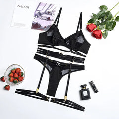 3-Piece Black Bra Set Women Patchwork See Through Mesh Lingerie Set Ladies Sexy Panty Underwear Set