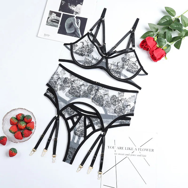 3-Piece Transparent Lace Bra Set Women Bandage Sheer Sexy Lingerie Set Ladies Flroal Black Bra Underwear Set