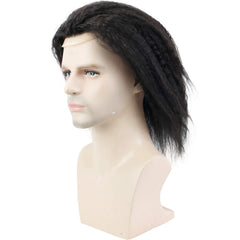 12" Long Kinky Straight Human Hair Replacement for Men Stock Toupee Mono Lace and PU Around with Swiss Lace Front 10x8"Base size - Bellelooks