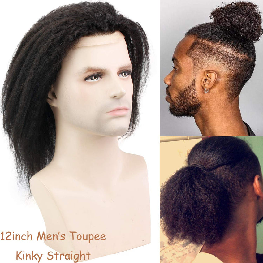 12" Long Kinky Straight Human Hair Replacement for Men Stock Toupee Mono Lace and PU Around with Swiss Lace Front 10x8"Base size - Bellelooks