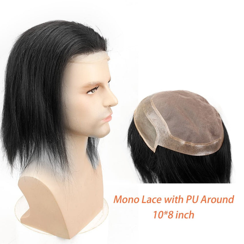 12" Long Hair Men's Toupee 100% Virgin Human Hair Hairpiece Mono Lace with PU Replacement for Men wig Straight 10"x8" Base Size - Bellelooks