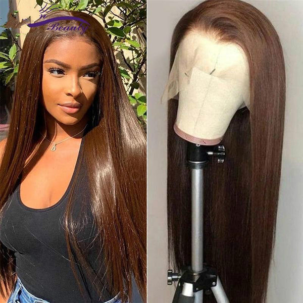 Lace Frontal Human Hair Wigs Straight Brown Color - Bellelooks