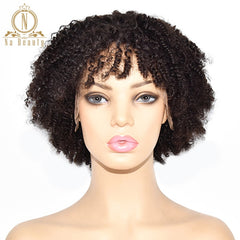 Afro Kinky Curly Wig Lace Human Hair Wigs With Bangs Pre Plucked - Bellelooks