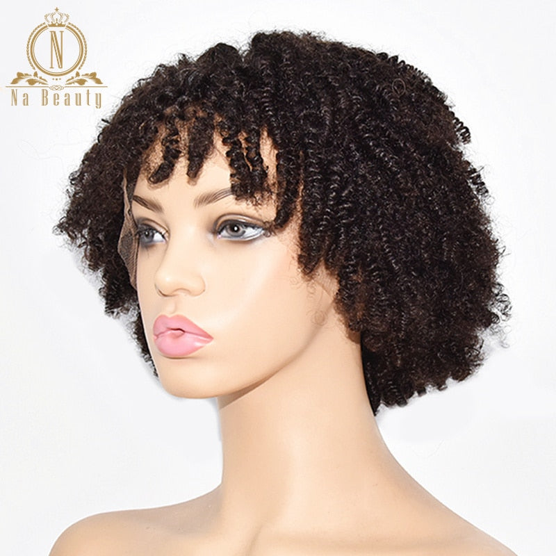 Afro Kinky Curly Wig Lace Human Hair Wigs With Bangs Pre Plucked - Bellelooks