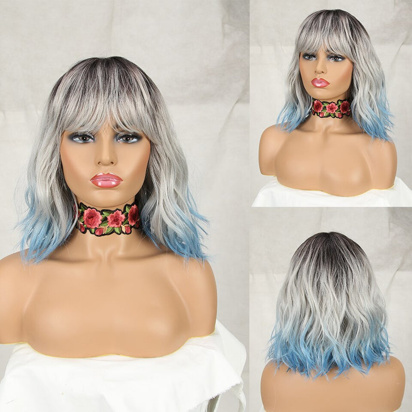 12" Synthetic Wig Blonde Pink Blue Hair BOB Wig with Bangs - Bellelooks