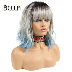 12" Synthetic Wig Blonde Pink Blue Hair BOB Wig with Bangs - Bellelooks