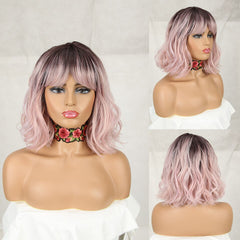 12" Synthetic Wig Blonde Pink Blue Hair BOB Wig with Bangs - Bellelooks