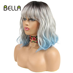 12" Synthetic Wig Blonde Pink Blue Hair BOB Wig with Bangs - Bellelooks