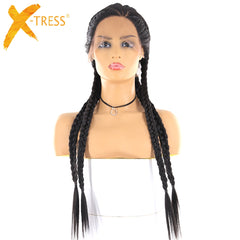 Cornrow Braids Synthetic Lace Front Wigs Senegalese Three Part Long Straight Ear To Ear Braided Lace Wig With Baby Hair X-TRESS - Bellelooks