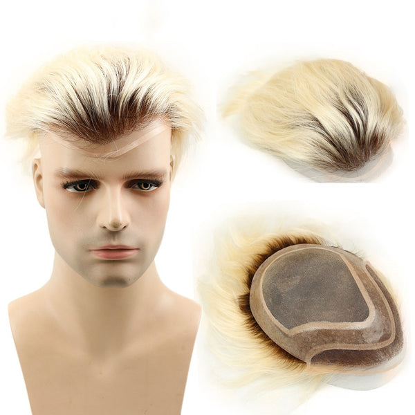 Eseewigs Brown Roots 60 Platinum Blonde Ombre Toupee 4T60 Straight Brazilian Remy Human Hair Replacement System for Men 10x8 - Bellelooks